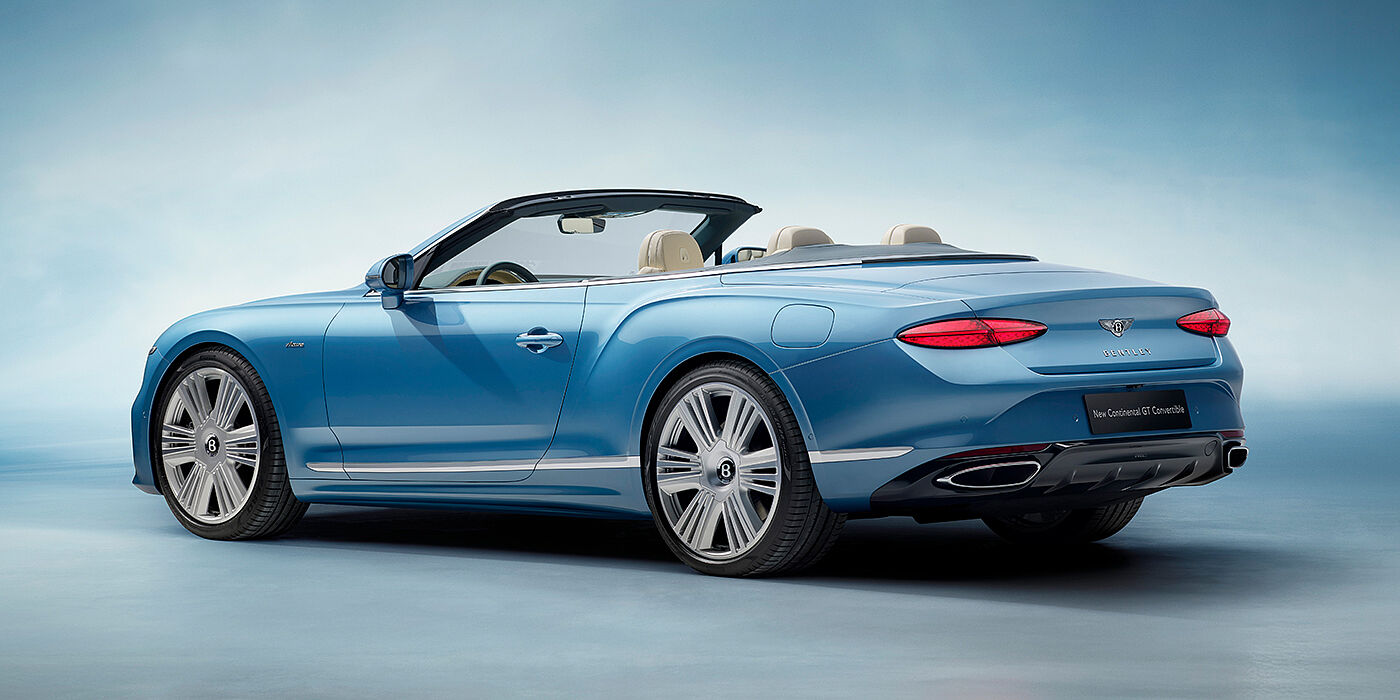 Bentley Hong Kong - DCH New Bentley Continental GTC Azure convertible rear view in Light Windsor blue paint with 22 inch ten spoke wheels and chrome exterior details