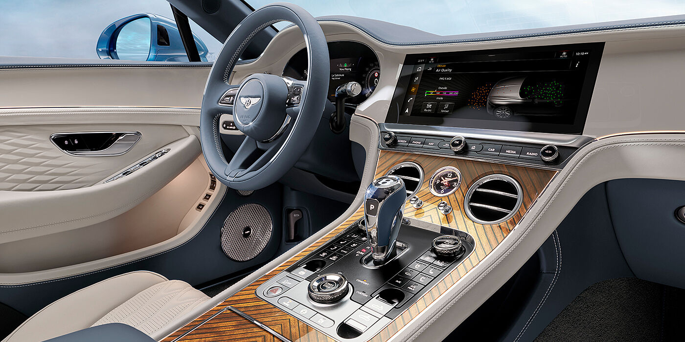 Bentley Hong Kong - DCH New Bentley Continental GTC Azure convertible interior front cabin view with Linen and Brunel hides and Piano Linen by Mulliner veneer featuring centre console and centre MMI screen