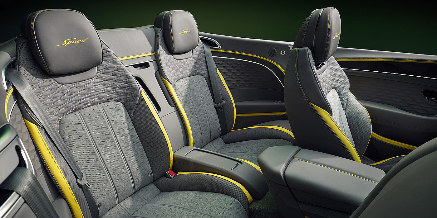 Bentley Hong Kong - DCH Bentley New Continental GTC Speed convertible rear interior with unique Speed colour split in Gravity Grey and Cyber Yellow hide colours, and contrast stitched headrest emblems 