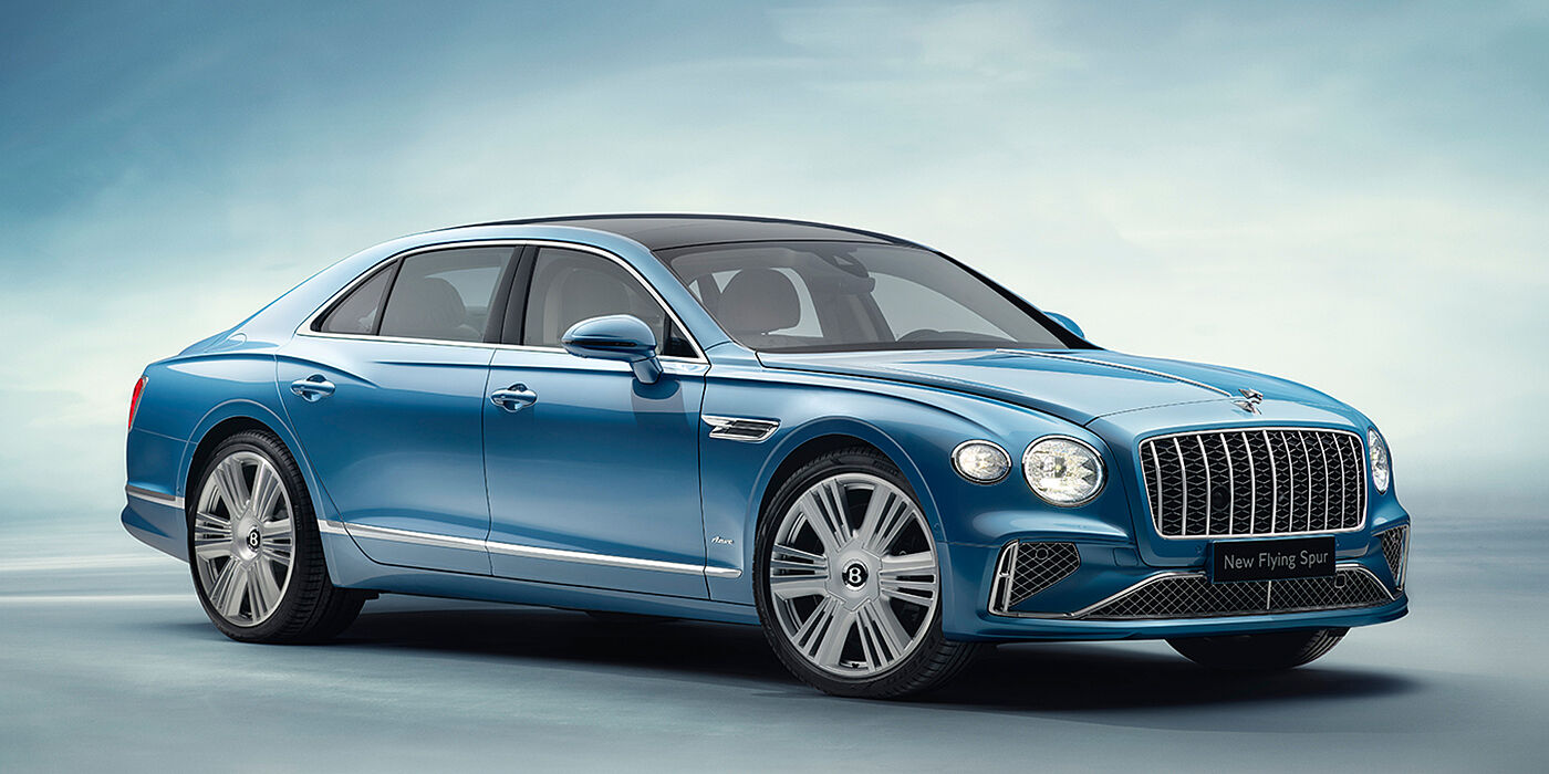Bentley Hong Kong - DCH New Bentley Flying Spur Azure sedan front view in Light windsor blue by Mulliner paint with 22 inch Azure wheels and chrome exterior details