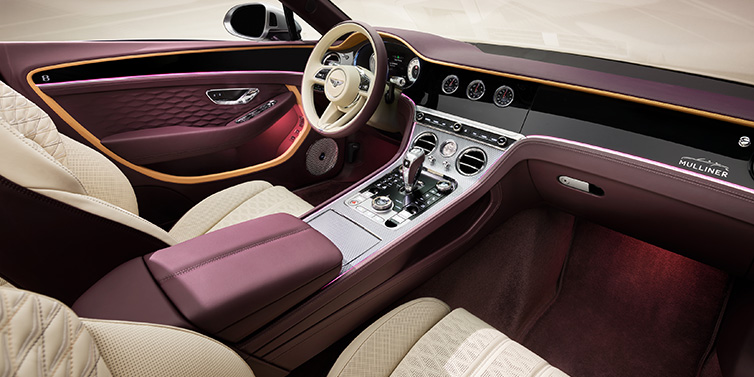 Bentley Hong Kong - DCH Bentley Continental GTC Mulliner convertible front interior including Linen and Damson purple hides and Grand Black veneer