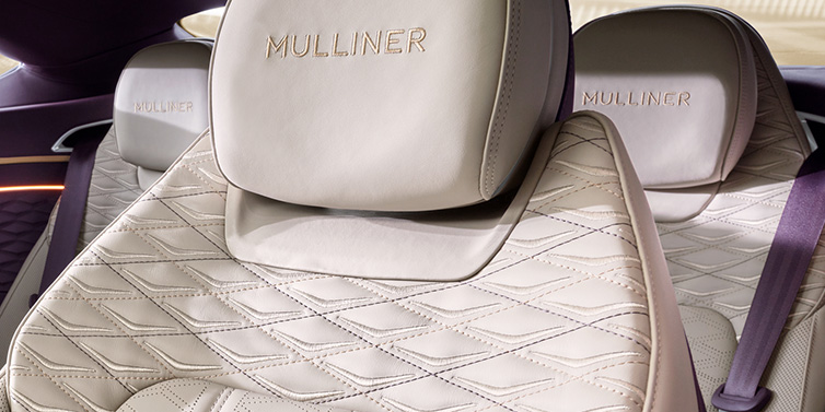 Bentley Hong Kong - DCH Bentley Continental GT Mulliner coupe seat detail in Linen leather with Mulliner Diamond in Diamond quilting and Mulliner embroidered seat emblem