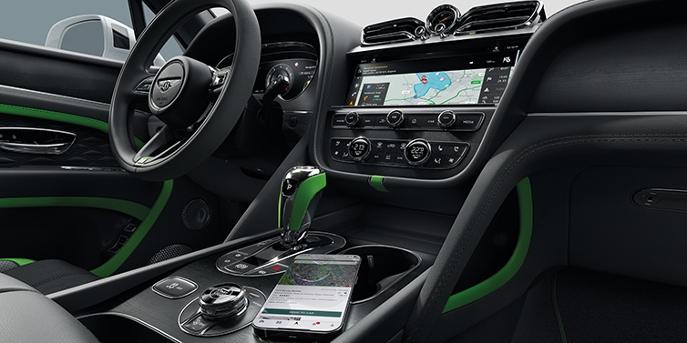 Bentley Hong Kong - DCH Bentley Bentayga Speed SUV front cabin in Hyper Green and Beluga black hides, with Black Stained Crown Cut Walnut veneer